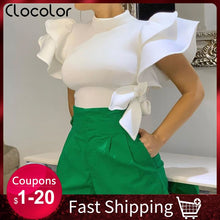 Load image into Gallery viewer, Clocolor Summer Cropped Blouse Shirt Elegant Office Shirts Ladies Plus Size White Blouses Woman 2019 Ruffle Sleeve Women Tops