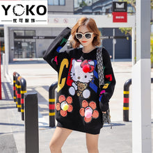 Load image into Gallery viewer, YOKO women streetwear casual loose O-neck pullover sequins sweater plus size dress long sleeve Kitty cat cartoon fashion dresses