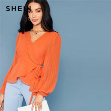 Load image into Gallery viewer, SHEIN Bright Orange Deep V Neck Tie Side Wrap Blouse Women Tops 2019 Autumn Pleated Sleeve Solid Elegant Belted Shirt Blouses