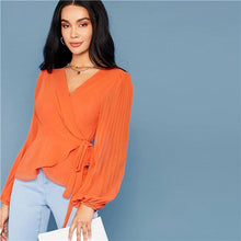 Load image into Gallery viewer, SHEIN Bright Orange Deep V Neck Tie Side Wrap Blouse Women Tops 2019 Autumn Pleated Sleeve Solid Elegant Belted Shirt Blouses