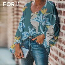 Load image into Gallery viewer, FORUDESIGNS Harajuku Style Blouse Parrot Print Shirt 2020 Casual Loose Long Sleeve Blouses and Tops V-neck Female Clothing