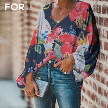 Load image into Gallery viewer, FORUDESIGNS Harajuku Style Blouse Parrot Print Shirt 2020 Casual Loose Long Sleeve Blouses and Tops V-neck Female Clothing