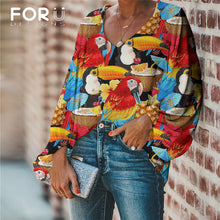 Load image into Gallery viewer, FORUDESIGNS Harajuku Style Blouse Parrot Print Shirt 2020 Casual Loose Long Sleeve Blouses and Tops V-neck Female Clothing