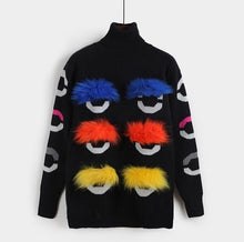 Load image into Gallery viewer, 2018 New Autumn Winter Women Sweater High Quality Designer Colorful Hairball Eyes Runway Sweater Warm Turtleneck Pullover
