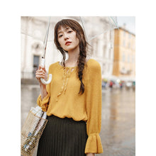 Load image into Gallery viewer, INMAN Spring Spring Autumn Round Collar Bandage Loose Style Flare Sleeve Women Pullover Sweater

