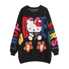 Load image into Gallery viewer, YOKO women streetwear casual loose O-neck pullover sequins sweater plus size dress long sleeve Kitty cat cartoon fashion dresses
