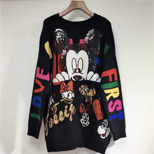 Load image into Gallery viewer, YOKO women streetwear casual loose O-neck pullover sequins sweater plus size dress long sleeve Kitty cat cartoon fashion dresses
