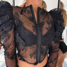 Load image into Gallery viewer, NewAsia Butterfly Embroidered Mesh Blouse Women Lace See Through Sexy Blouses Zipper Long Sleeve Vintage Blusas Shirt Crop Tops
