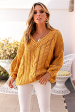 Load image into Gallery viewer, CAWA Women Ribbed Yellow Sweater V-Neck Pullover Female Knitted Sweater Jumpers Lantern Sleeve Twisted Fashion Sweater
