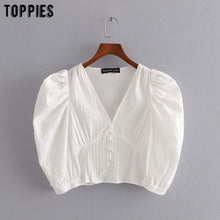 Load image into Gallery viewer, summer v-neck white shirts women sexy short top puff sleeve blouses sandy beach clothes french style
