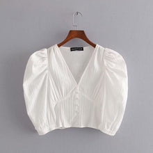 Load image into Gallery viewer, summer v-neck white shirts women sexy short top puff sleeve blouses sandy beach clothes french style
