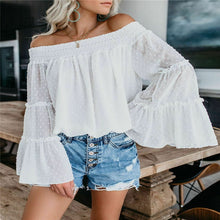 Load image into Gallery viewer, Autumn Off Shoulder Tees 2019 Women Fashion Casual Off Shoulder Slim Tops Blouse Party Sexy Trumpet Sleeve Shirt Plus Size S-XL
