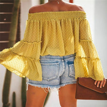 Load image into Gallery viewer, Autumn Off Shoulder Tees 2019 Women Fashion Casual Off Shoulder Slim Tops Blouse Party Sexy Trumpet Sleeve Shirt Plus Size S-XL
