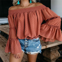 Load image into Gallery viewer, Autumn Off Shoulder Tees 2019 Women Fashion Casual Off Shoulder Slim Tops Blouse Party Sexy Trumpet Sleeve Shirt Plus Size S-XL
