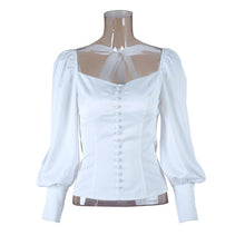 Load image into Gallery viewer, Square Neck Vintage Blouse Spring Summer Backless Elegant Tie Up Off Shoulder Patchwork Puff Sleeve Top White Shirt Women 2020

