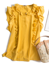 Load image into Gallery viewer, Yellow Ruffled Blouse Women Sleeveless Summer Women Shirt Prairie Chic Ruffles Real Silk Bluzki Letnie Damskie feminine clothes

