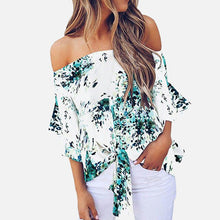 Load image into Gallery viewer, Off Shoulder Floral Print Women's Chiffon Shirt Top Slash Neck Bowtie 3/4 Sleeve Feminine Blouse Tops 2020 Summer Shirts Woman
