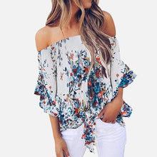 Load image into Gallery viewer, Off Shoulder Floral Print Women's Chiffon Shirt Top Slash Neck Bowtie 3/4 Sleeve Feminine Blouse Tops 2020 Summer Shirts Woman
