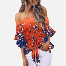Load image into Gallery viewer, Off Shoulder Floral Print Women's Chiffon Shirt Top Slash Neck Bowtie 3/4 Sleeve Feminine Blouse Tops 2020 Summer Shirts Woman
