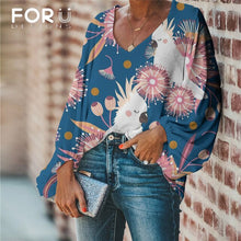 Load image into Gallery viewer, FORUDESIGNS Harajuku Style Blouse Parrot Print Shirt 2020 Casual Loose Long Sleeve Blouses and Tops V-neck Female Clothing
