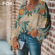 Load image into Gallery viewer, FORUDESIGNS Harajuku Style Blouse Parrot Print Shirt 2020 Casual Loose Long Sleeve Blouses and Tops V-neck Female Clothing
