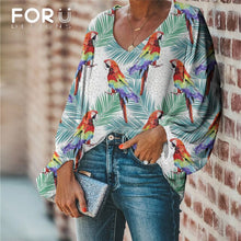 Load image into Gallery viewer, FORUDESIGNS Harajuku Style Blouse Parrot Print Shirt 2020 Casual Loose Long Sleeve Blouses and Tops V-neck Female Clothing
